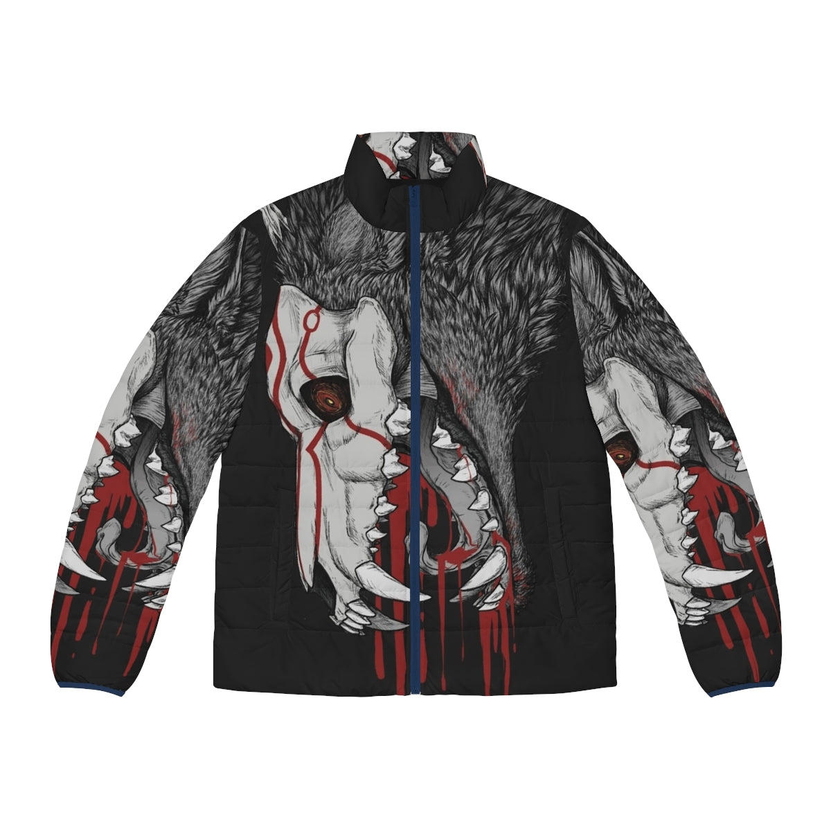 A black puffer jacket featuring horror elements like wolves, fangs, and blood for anime and horror enthusiasts.