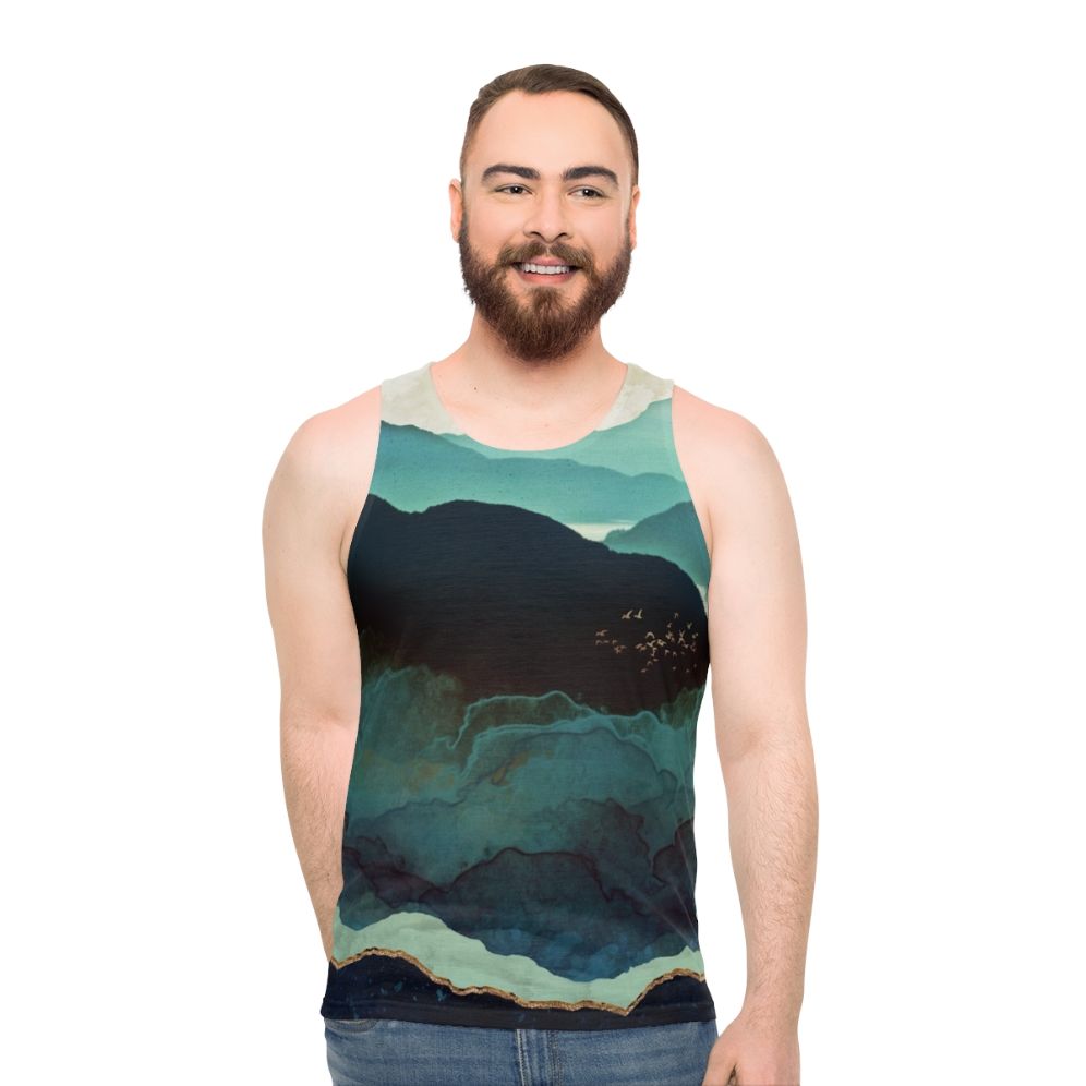 Unisex watercolor tank top with mountain landscape design - men