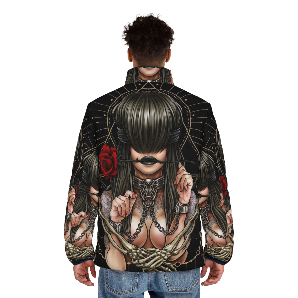 Enchanting "See No Evil" Puffer Jacket featuring surreal gothic design with mystical creatures and sacred geometry - men back