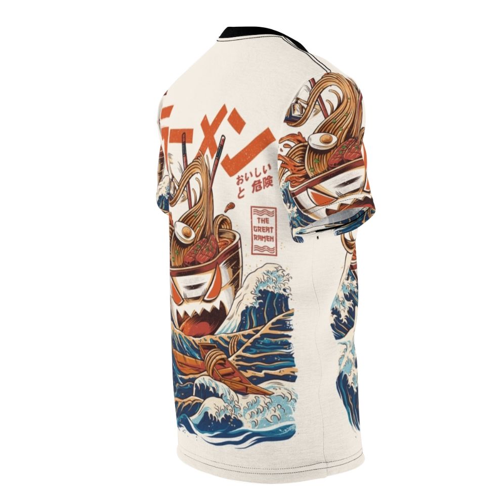 Retro-style t-shirt design featuring an angry monster ramen bowl with Japanese-inspired wave pattern - men right