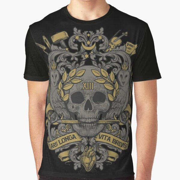 Ars Longa, Vita Brevis Graphic T-Shirt with Artists Blazon, Heraldry, and Hipocrates Quote