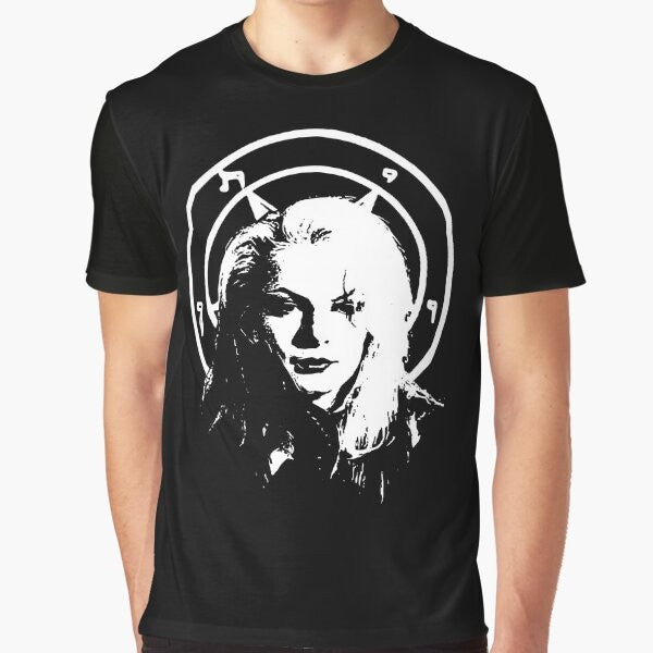 Satanic graphic t-shirt featuring Zeena LaVey, the daughter of Anton LaVey and the Church of Satan