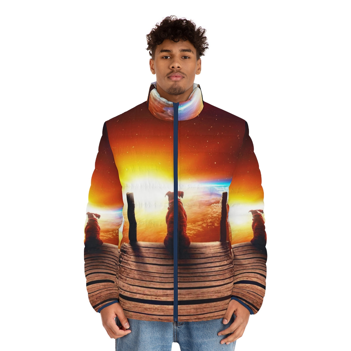 Surreal digital art puffer jacket with a dog in a space-like setting - men front