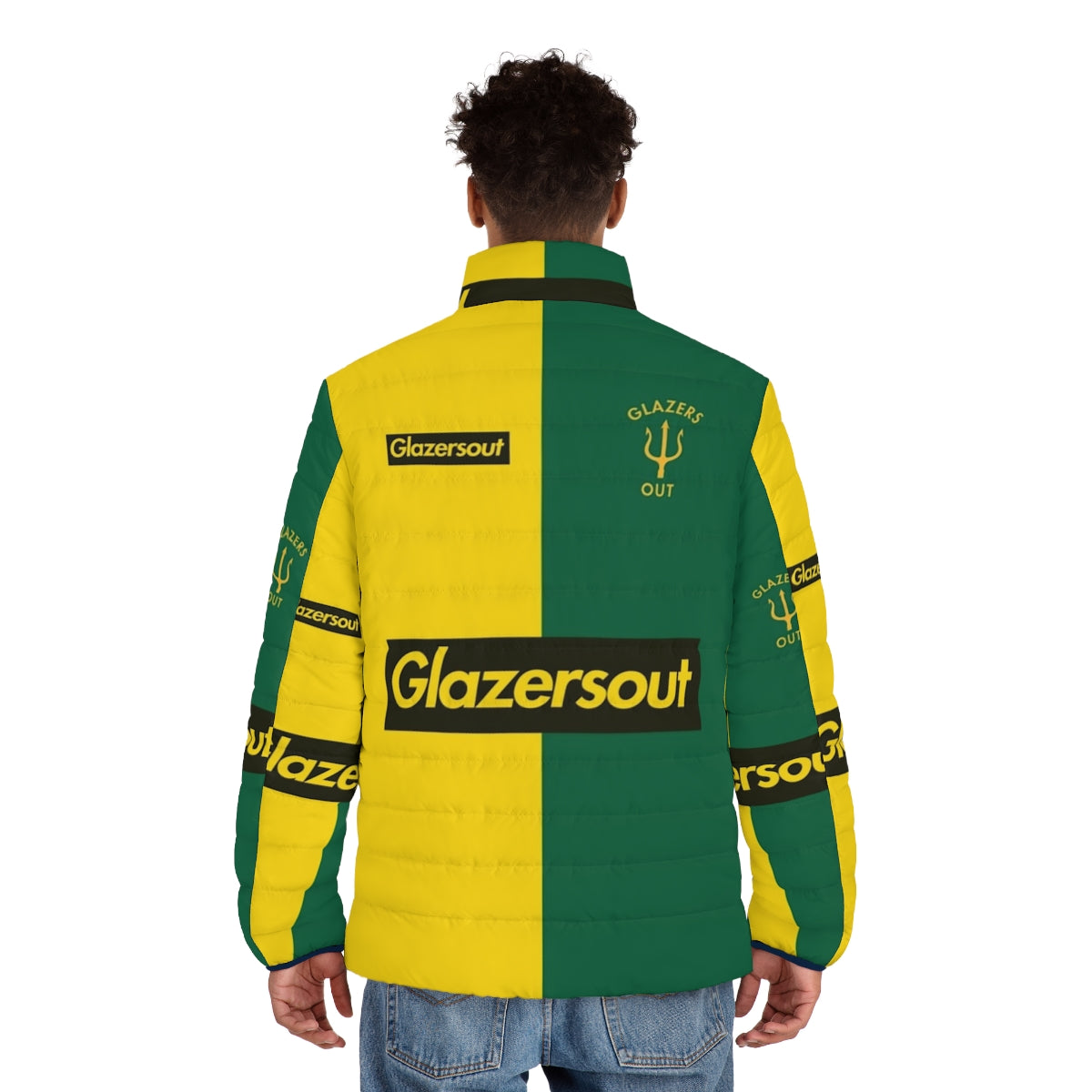 Manchester United Glazers Out Puffer Jacket with Yellow and Green Kit Design - men back