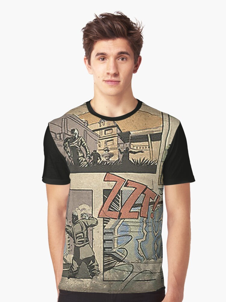 Call of Duty Zombies Comic Graphic T-Shirt featuring a spooky, undead, and scary zombies loading screen design - Men