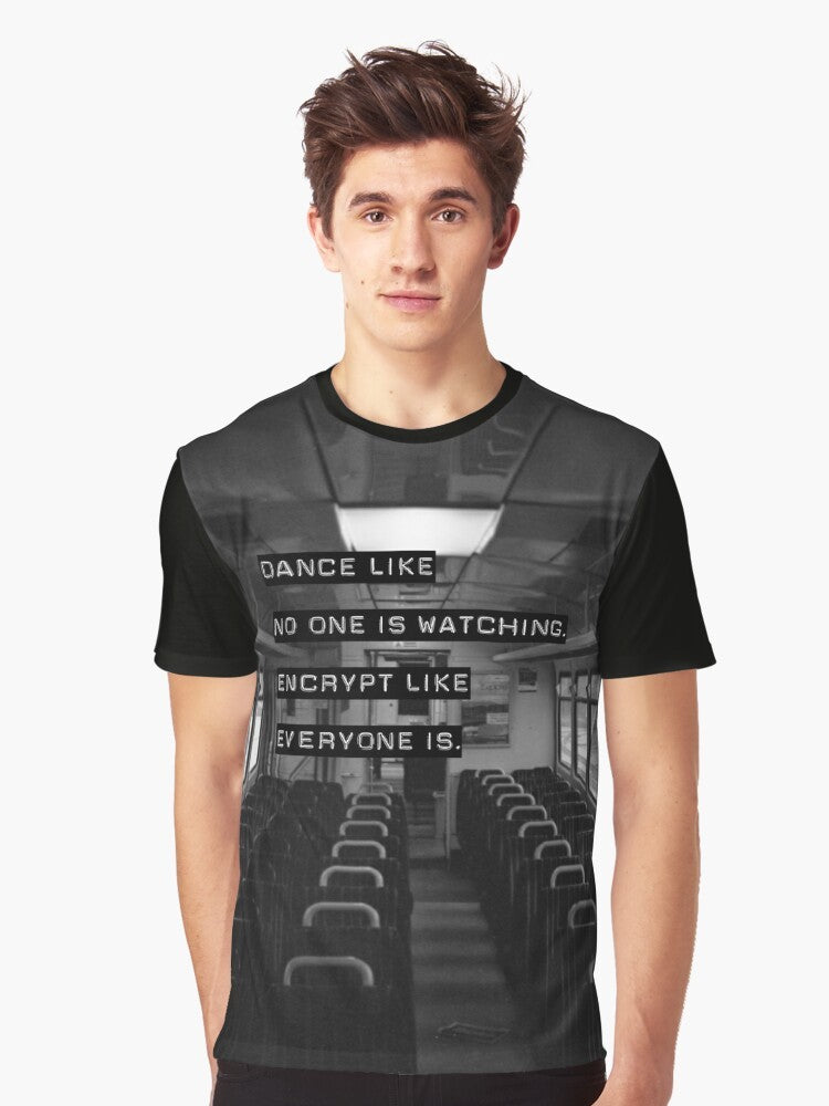 A black and white graphic t-shirt with the text "Encrypt like everyone is watching" and a computer security-themed design. - Men