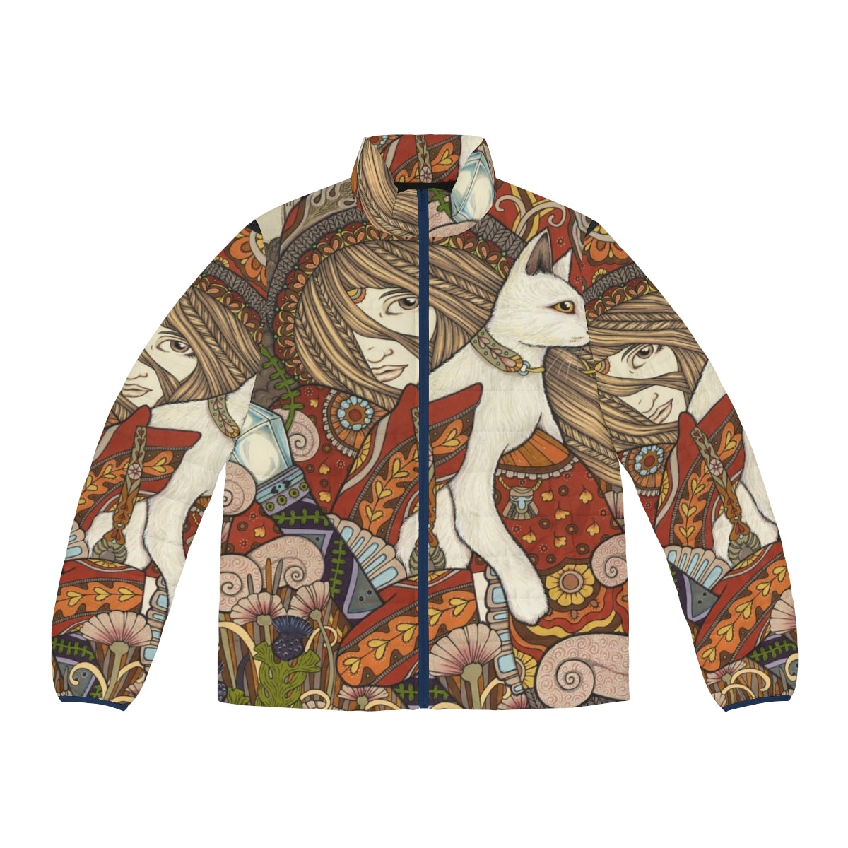 Visionary puffer jacket with tarot, owl, and cat motifs