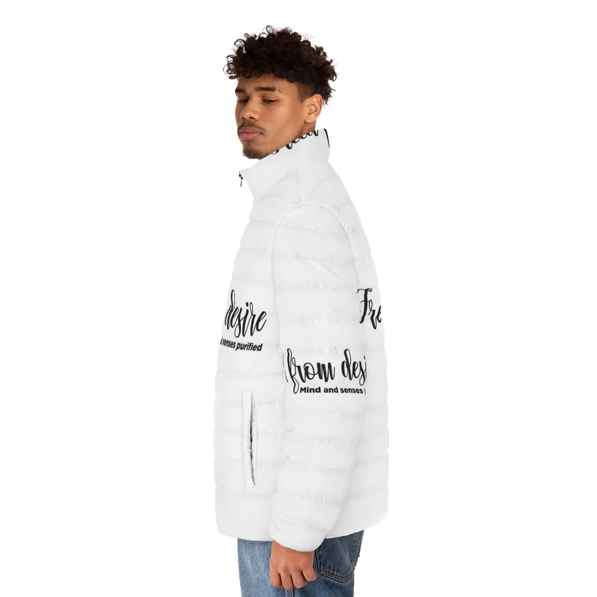 House Music Puffer Jacket with Desire and Music Themed Design - men side left