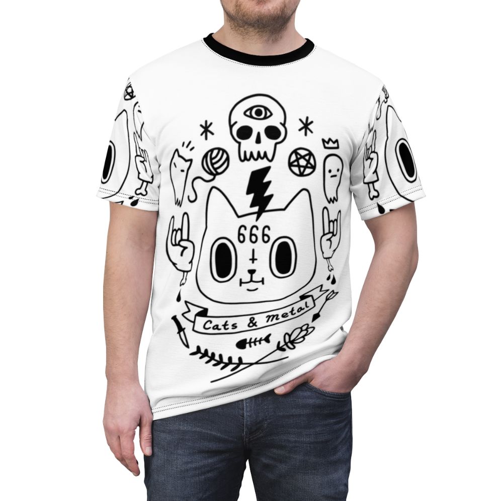 Heavy metal inspired t-shirt with cats and skulls - men front