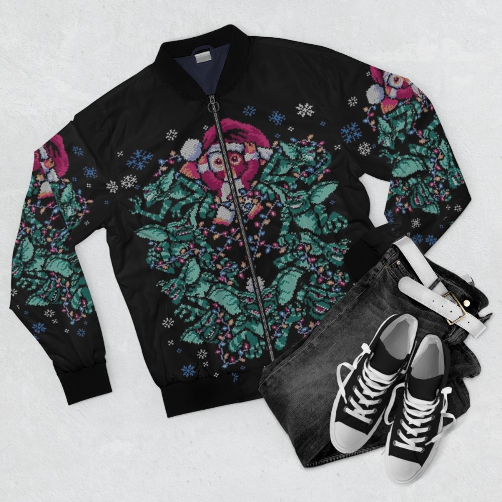 Gremlin Christmas Bomber Jacket, Retro 80s Gremlins Holiday Wear - Flat lay