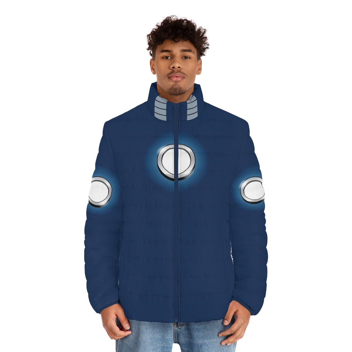 Proton Man Puffer Jacket with a superhero design to inspire cancer patients - men front