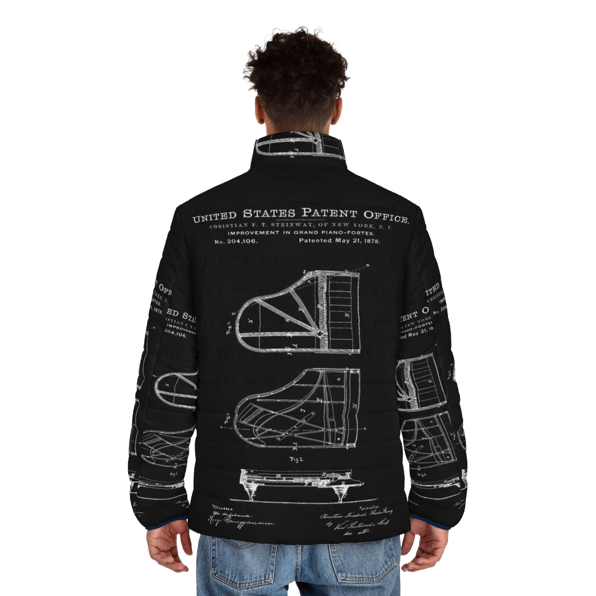 A white puffer jacket with a Steinway piano patent design, perfect for music lovers and pianists. - men back