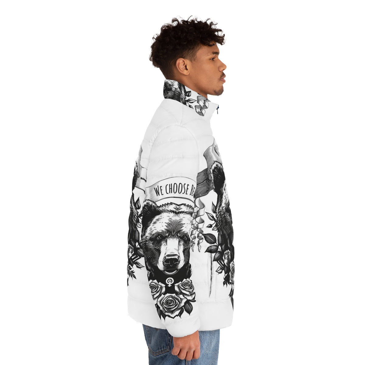 A warm and cozy puffer jacket featuring a bear design, perfect for the feminist 4B woman. - men side right