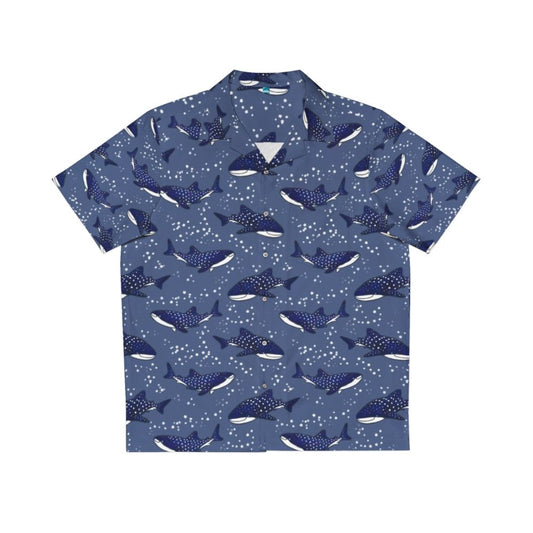 Dark blue Hawaiian shirt with cartoon whale sharks and starry night sky