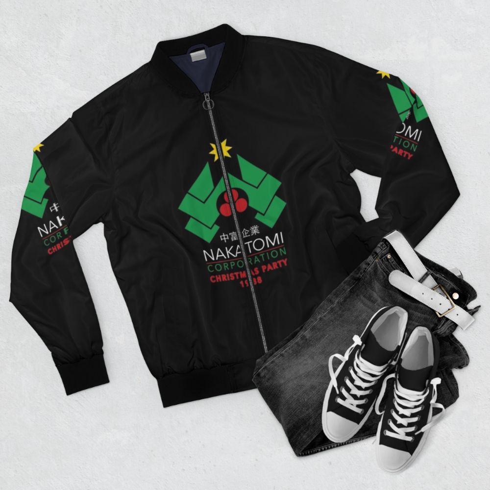 Nakatomi Corporation Christmas Party Bomber Jacket with retro 80s die hard movie design - Flat lay