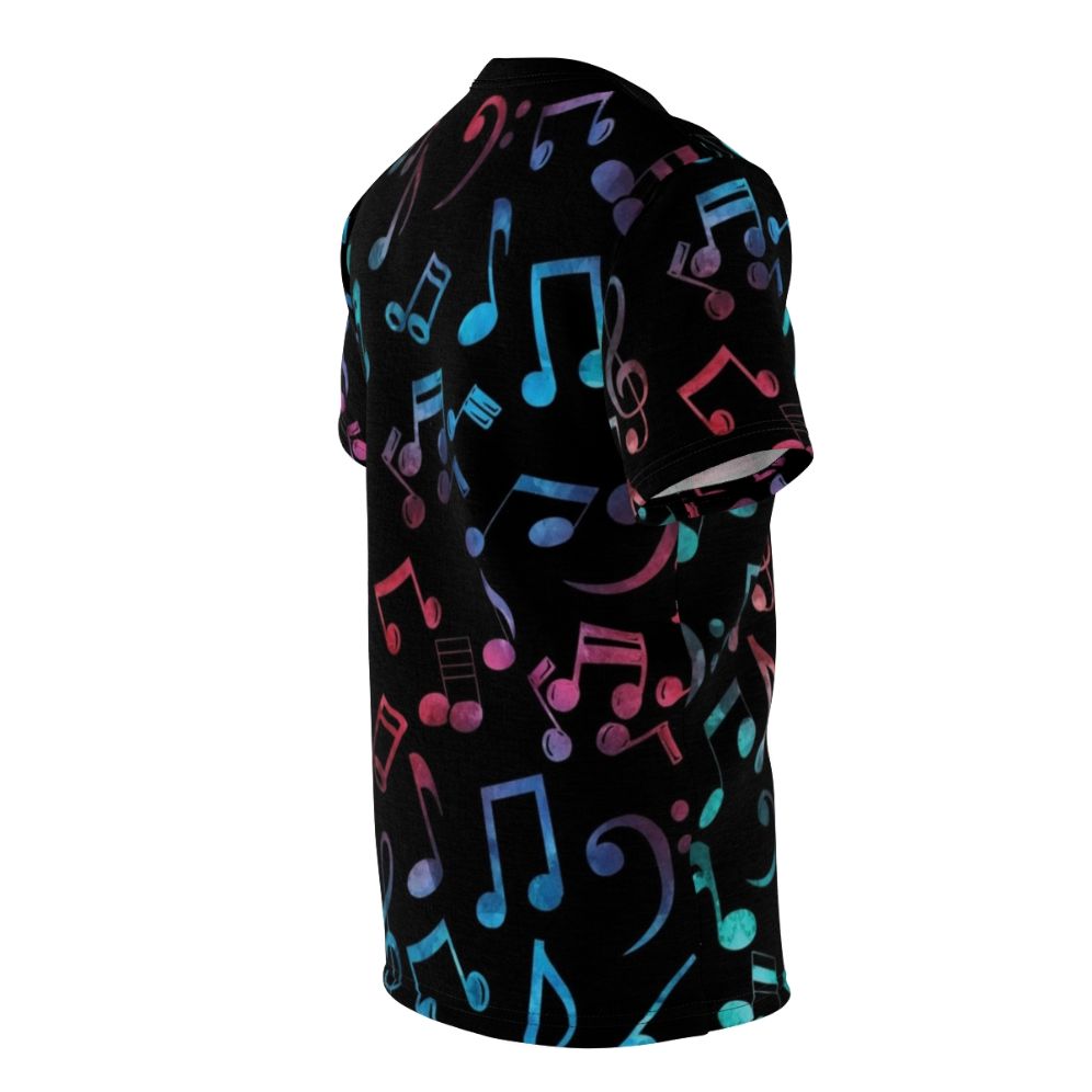 Vibrant multi-color music notes pattern design on a t-shirt, perfect for musicians and music lovers. - men right