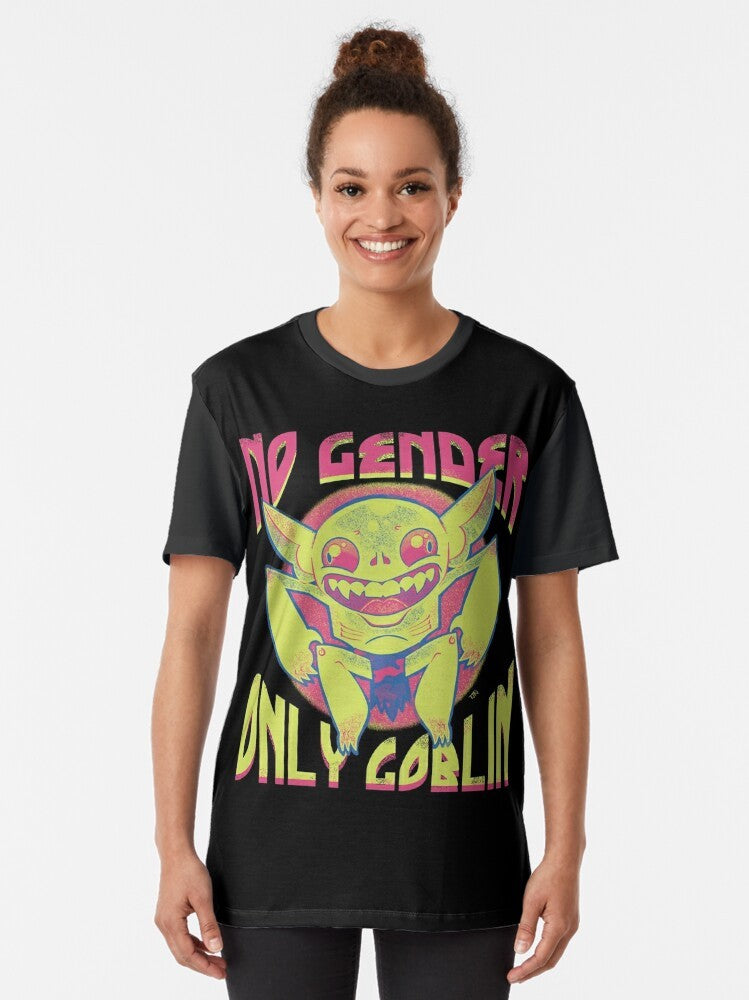 No Gender, Only Goblin - Fantasy T-Shirt with Skull, Bones, and Cryptid Graphic - Women