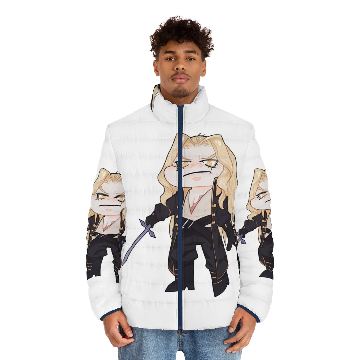 Chibi Alucard Castlevania character on puffer jacket - men front