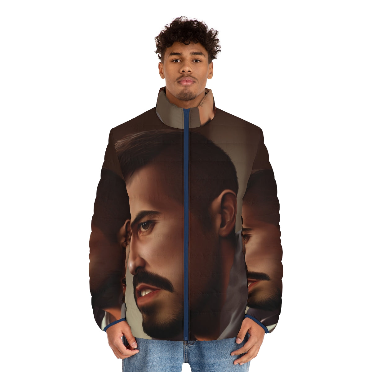 Yuri Boyka portrait puffer jacket inspired by the action movie hero - men front