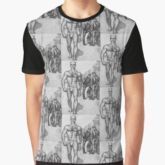 Tom of Finland inspired graphic t-shirt featuring a muscular gay man