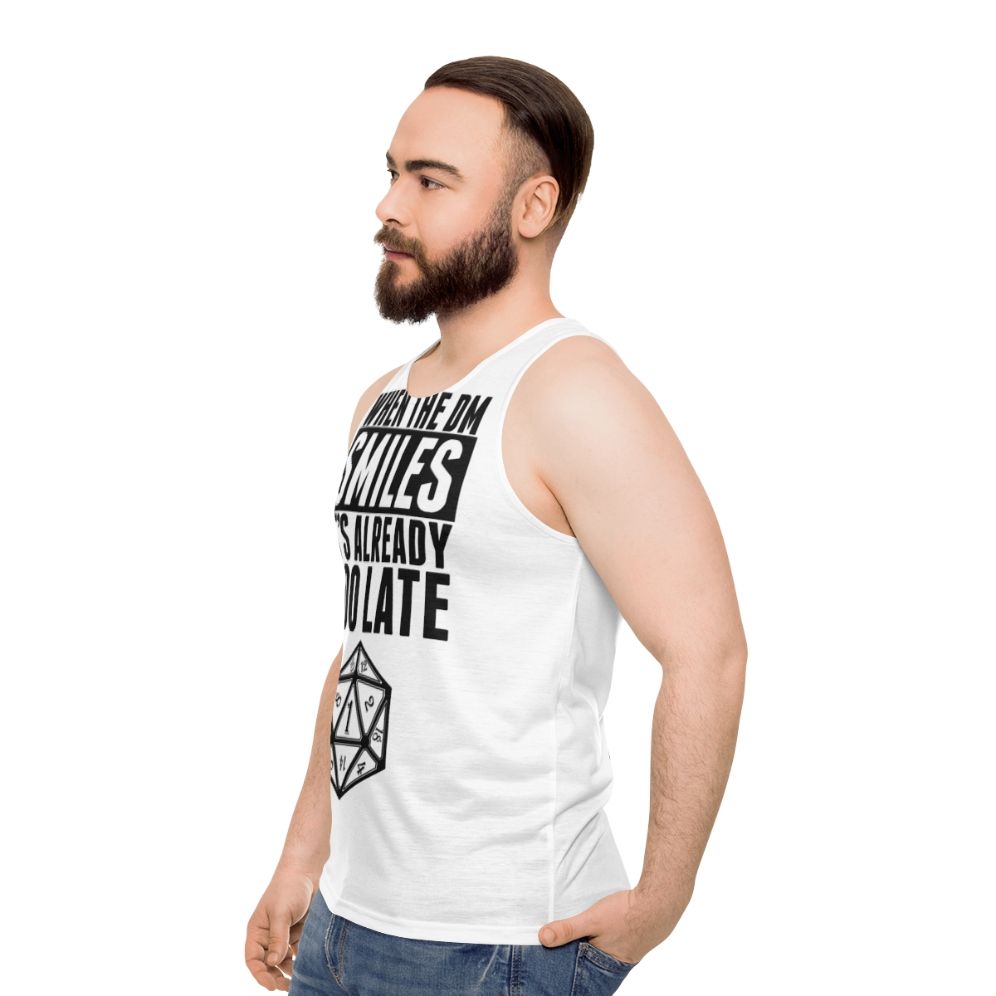 Dungeon master unisex tank top with "When the DM Smiles, It's Already Too Late" text - men side