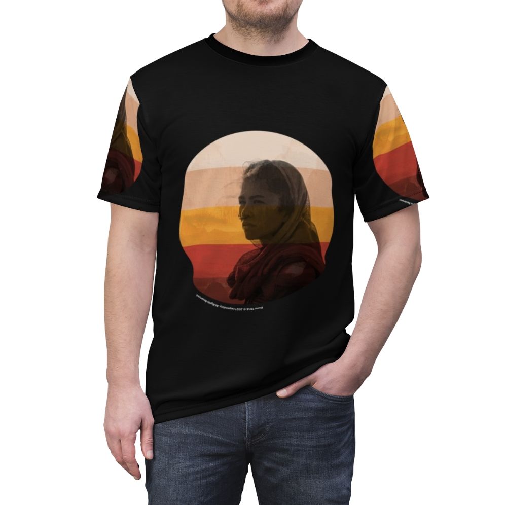 Dune-inspired science fiction t-shirt featuring iconic vector artwork from the 2020 movie - men front