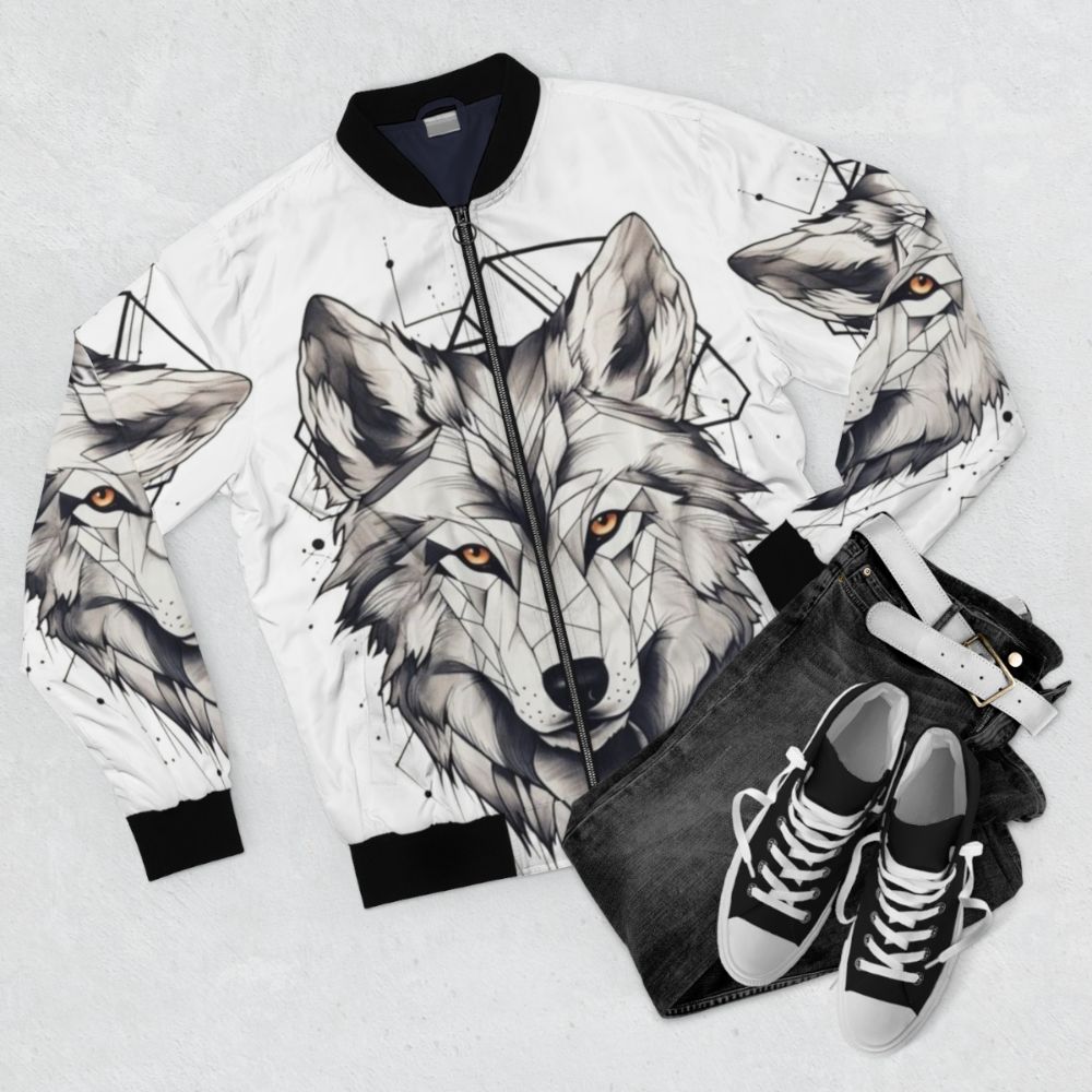 Geometric wolf print design on a bomber jacket - Flat lay