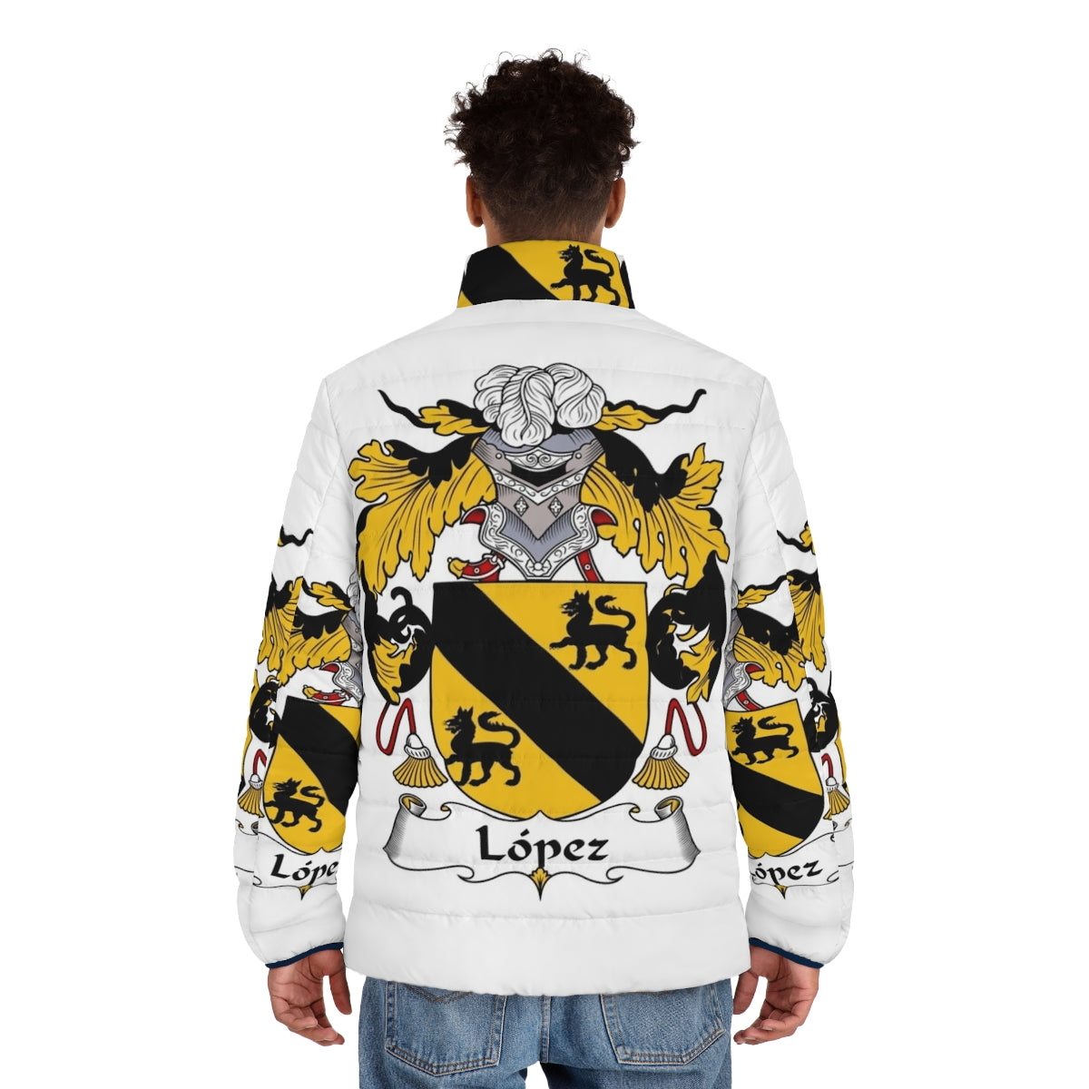 Lopez Coat of Arms Family Crest Puffer Jacket featuring a Spanish heritage design - men back