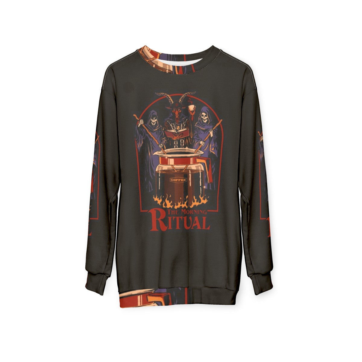 Retro "Morning Ritual" sweatshirt featuring gothic, caffeine-inspired design - hanging