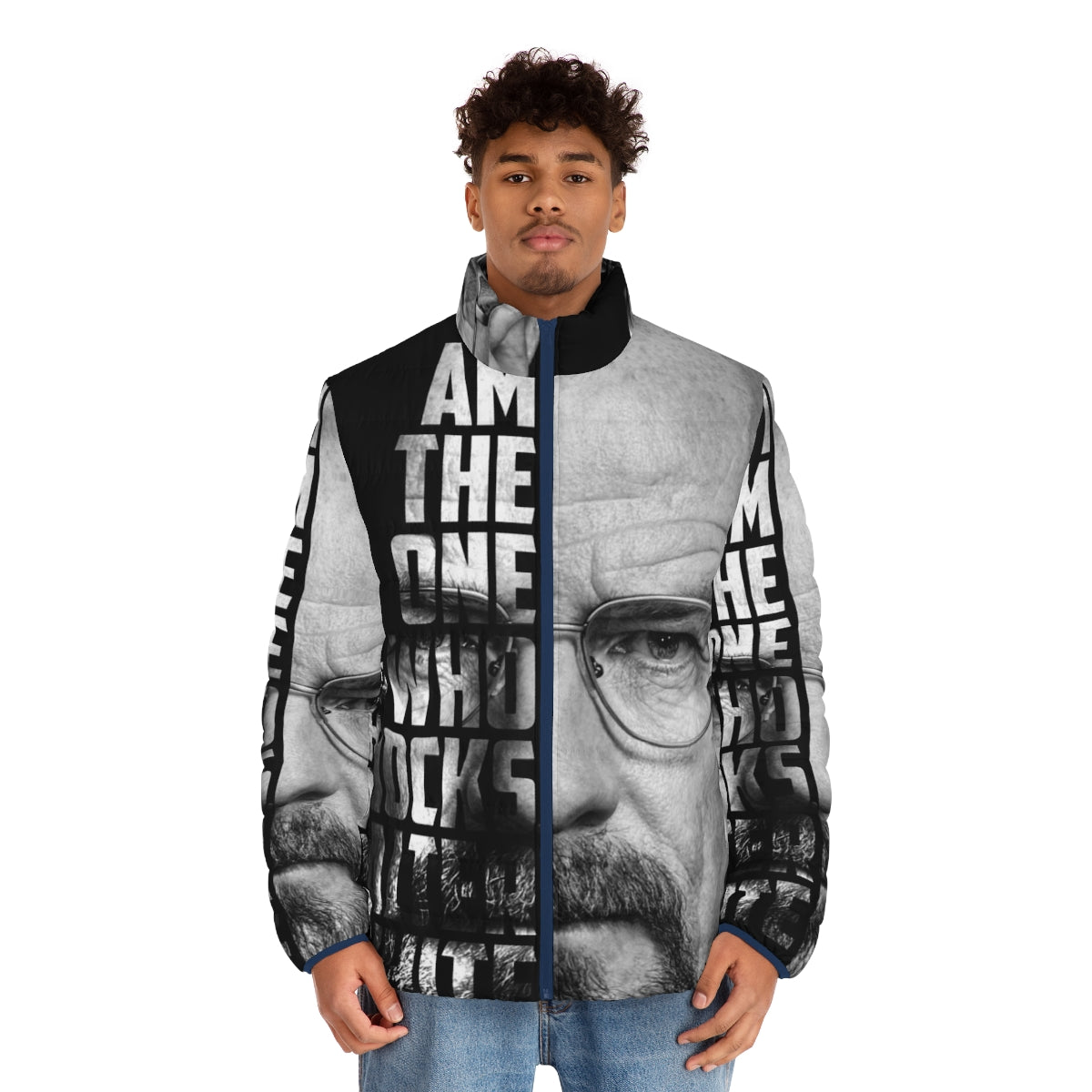 "Breaking Bad 'I Am The One Who Knocks' Puffer Jacket featuring Walter White in a chemistry-themed design" - men front