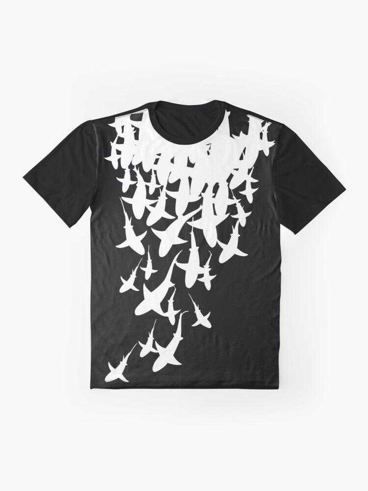 Sharks V2 Graphic T-Shirt featuring a stylized shark design in an ocean pattern - Flat lay