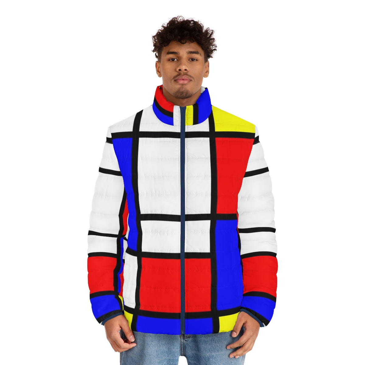 Vibrant, geometric Mondrian-style puffer jacket in primary colors - men front