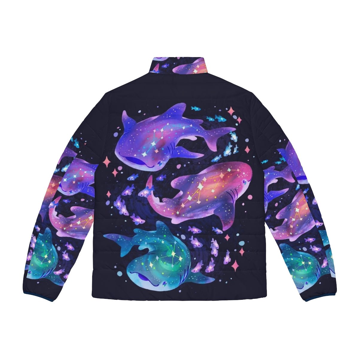 A vibrant puffer jacket featuring a cosmic whale shark design, perfect for outdoor adventures. - Back