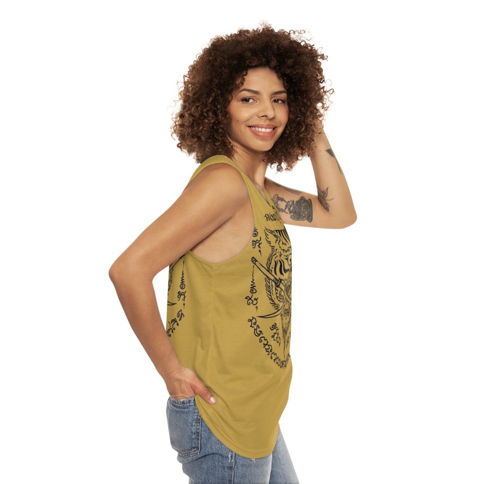 Traditional Thai Tiger and Swords Tattoo Design Unisex Tank Top - women side