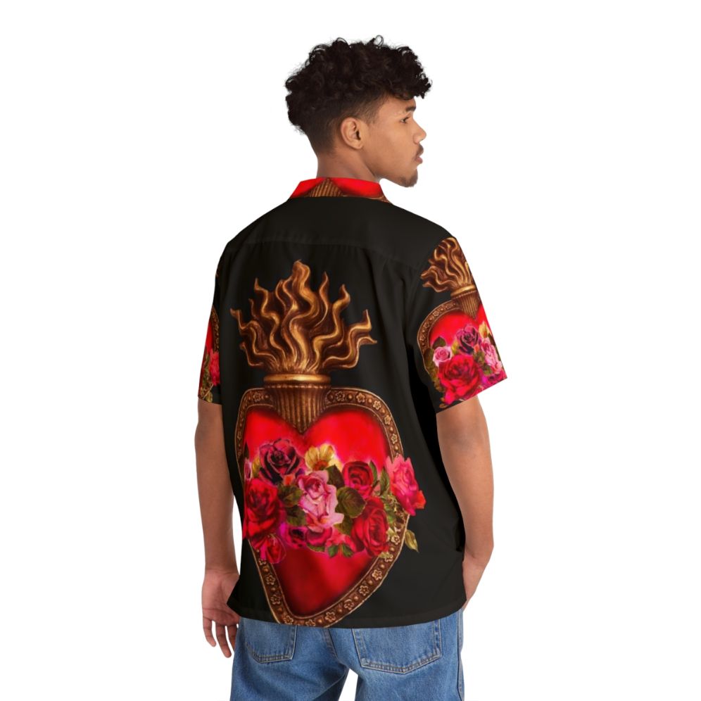 Red Hawaiian shirt with sacred heart and immaculate heart catholic religious art - People Back