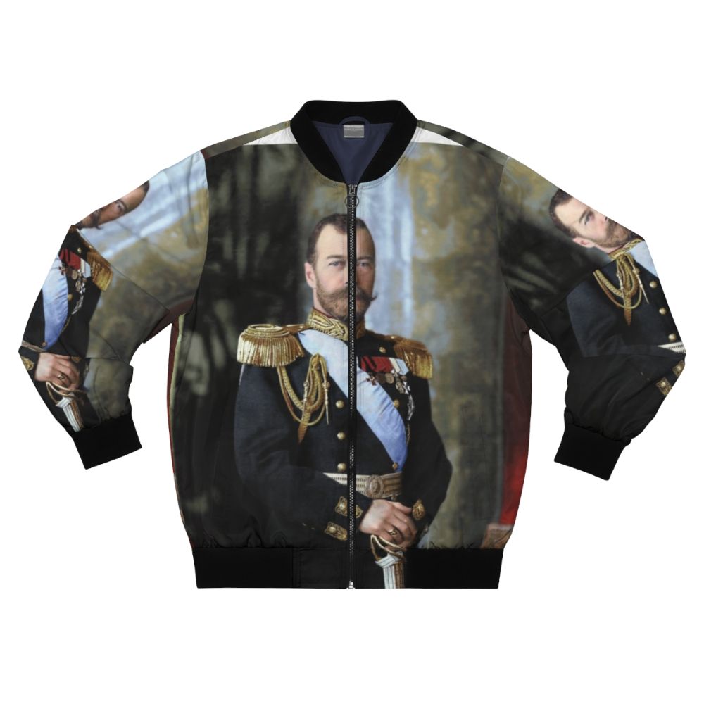 Tsar Nicholas II of Russia portrait printed on a black bomber jacket