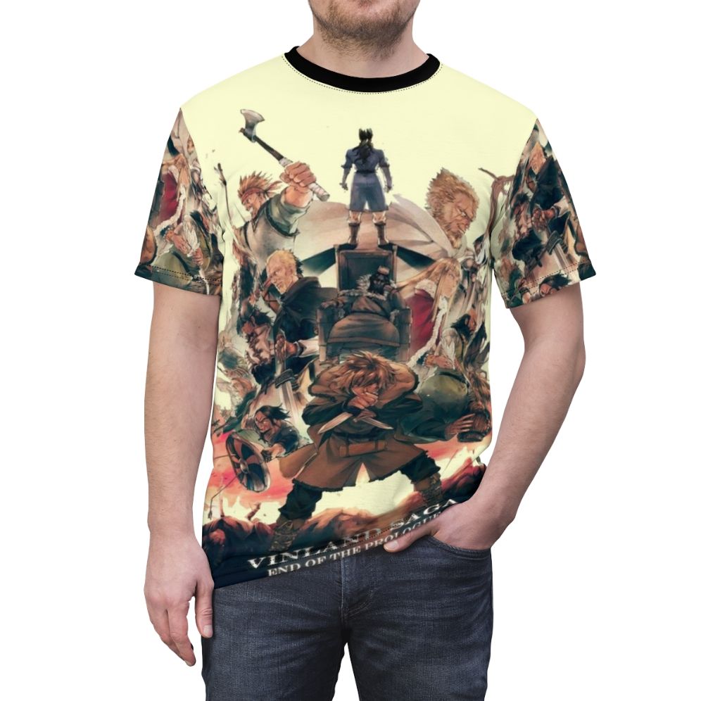 Vintage-style t-shirt design featuring characters from the Vinland Saga anime series - men front