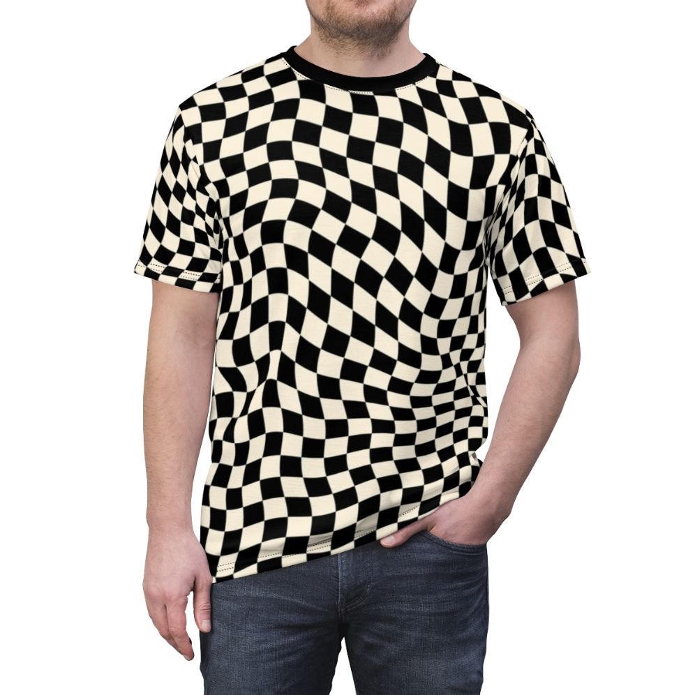 Stylish t-shirt featuring a vibrant wavy checkerboard pattern design - men front