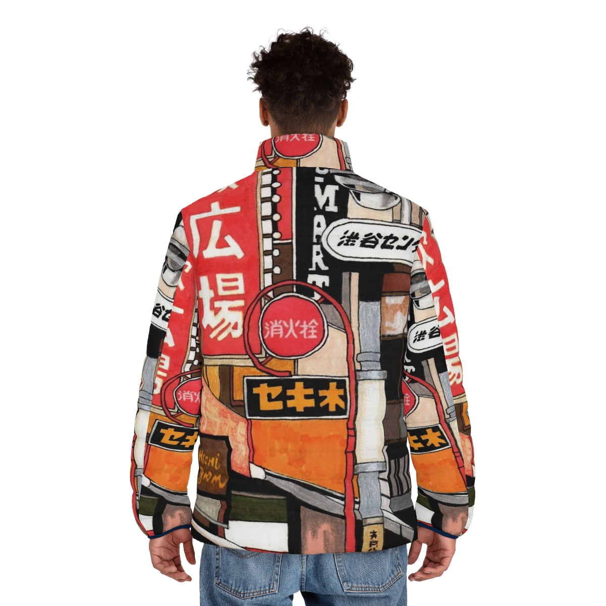 Tokyo street signs puffer jacket with neon graphic and calligraphy print - men back