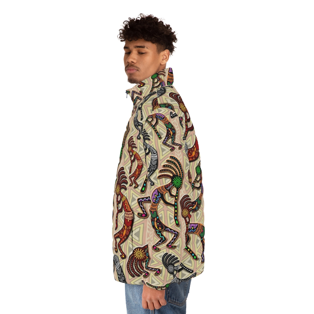 Kokopelli tribal pattern puffer jacket with native american mythological design - men side left