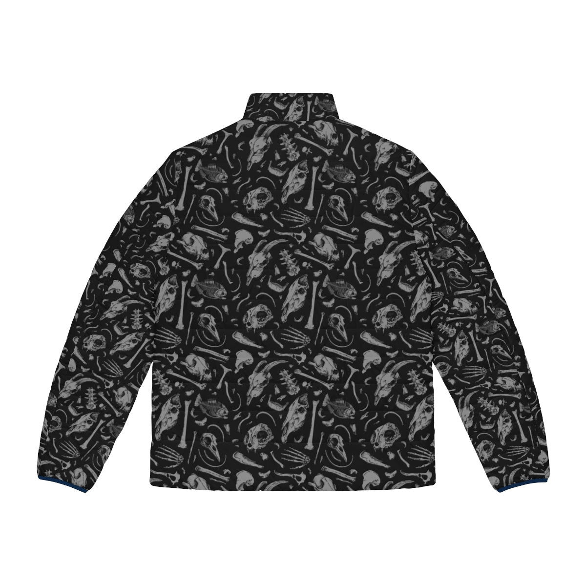 Bones Puffer Jacket - A dark and edgy patterned winter coat featuring a skull and cat design - Back