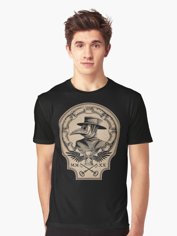 Vintage graphic t-shirt with plague doctor, raven, and medieval gothic design elements - Men