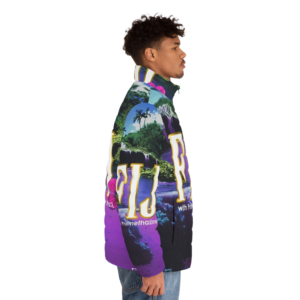 Purple vaporwave-inspired puffer jacket with aesthetic design - men side right