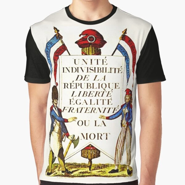 Vintage French Revolution inspired graphic t-shirt with the words "Liberty, Equality, Fraternity or Death" and imagery