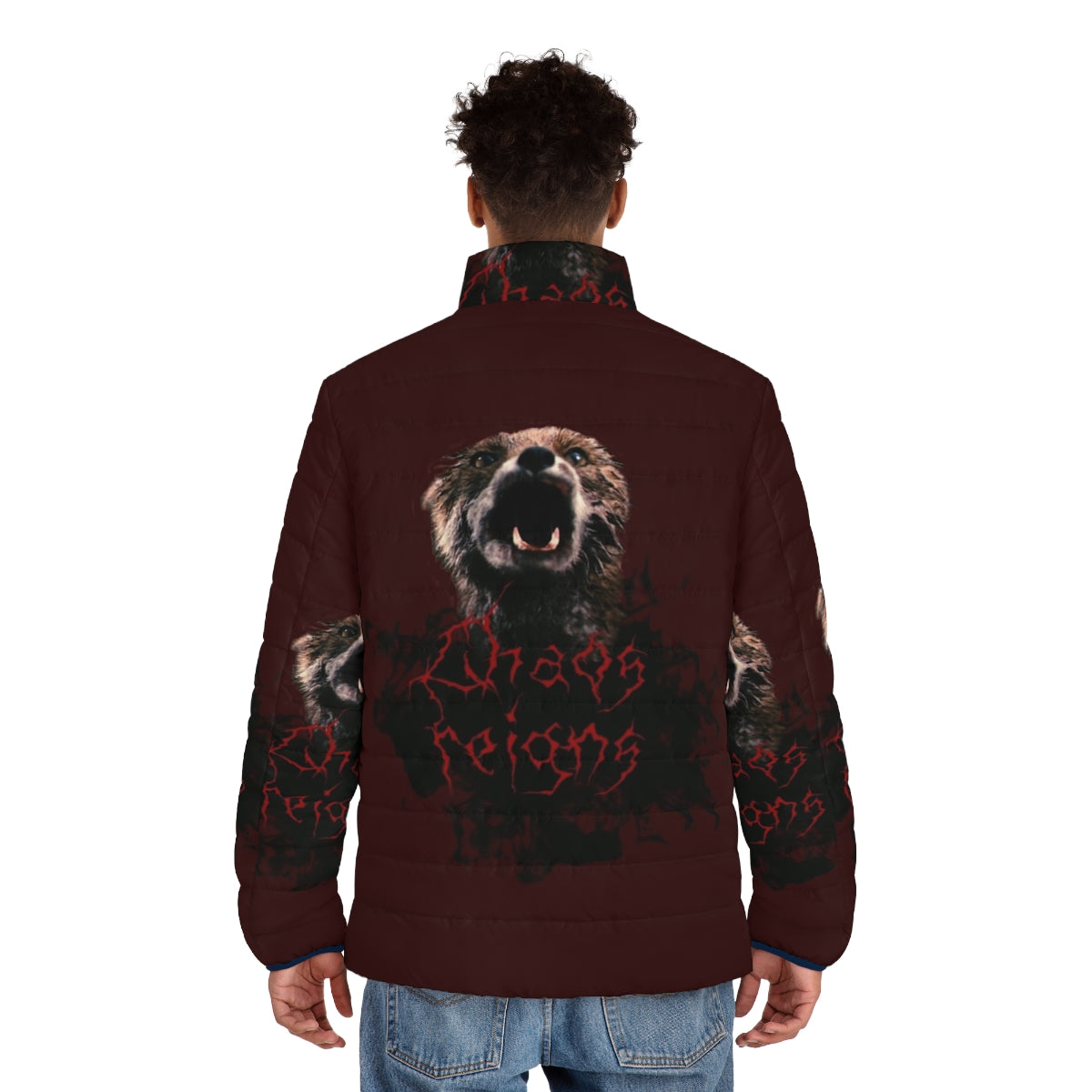 Chaos Reigns Puffer Jacket featuring movie and black metal inspired design - men back