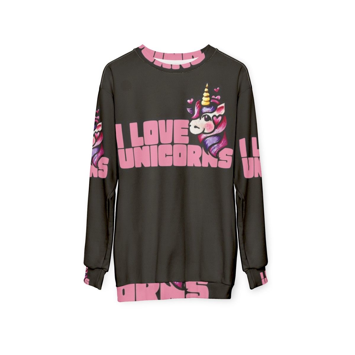 Cozy unicorn sweatshirt with hearts and retro design - hanging