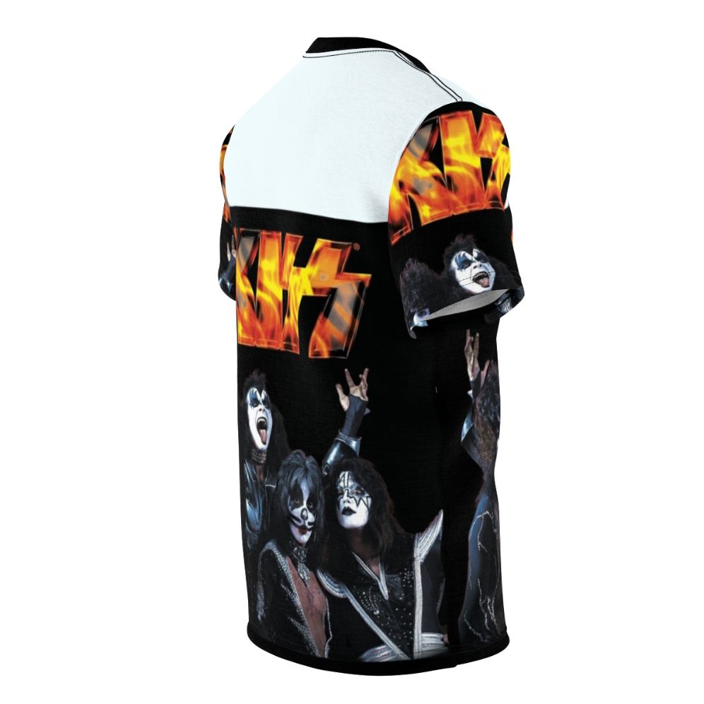 A stylish and vibrant T-shirt featuring a collage of KISS band members and imagery, capturing the energy and essence of the legendary glam metal group. - men right