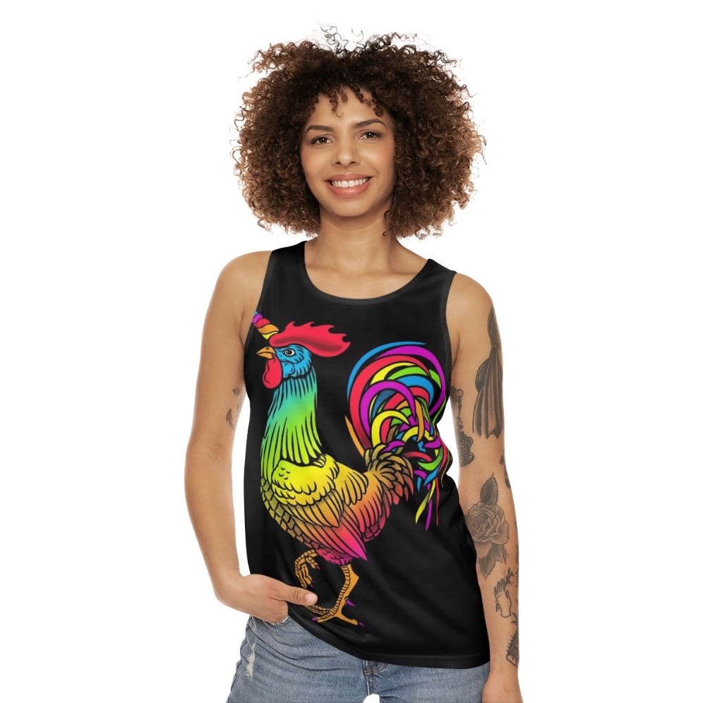 Colorful unicorn and chicken print unisex tank top - women