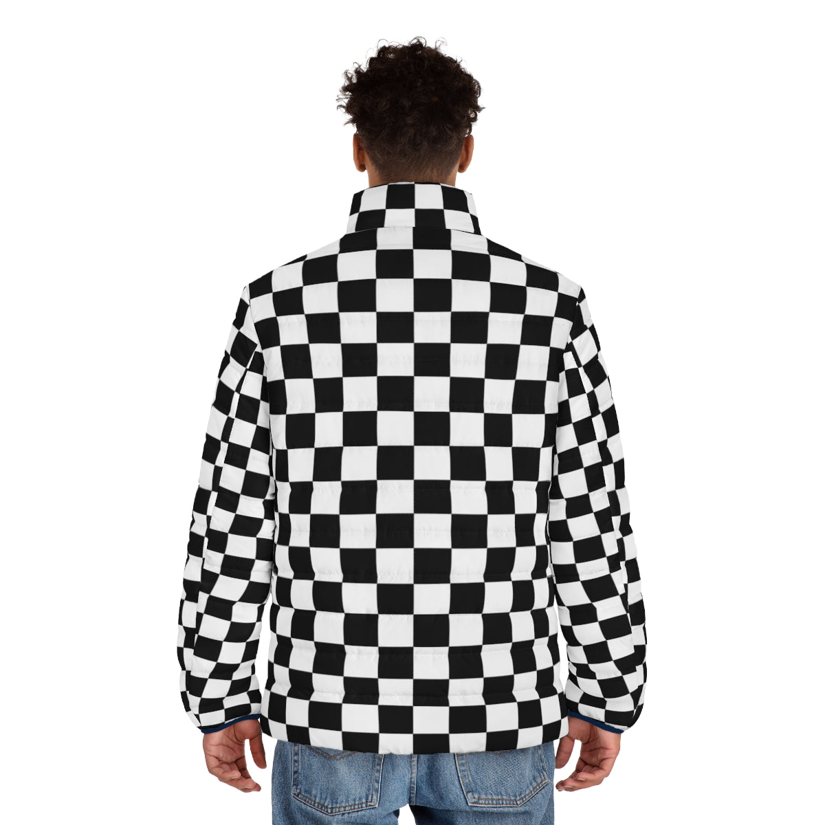 Black checkerboard puffer jacket with a modern, geometric pattern - men back