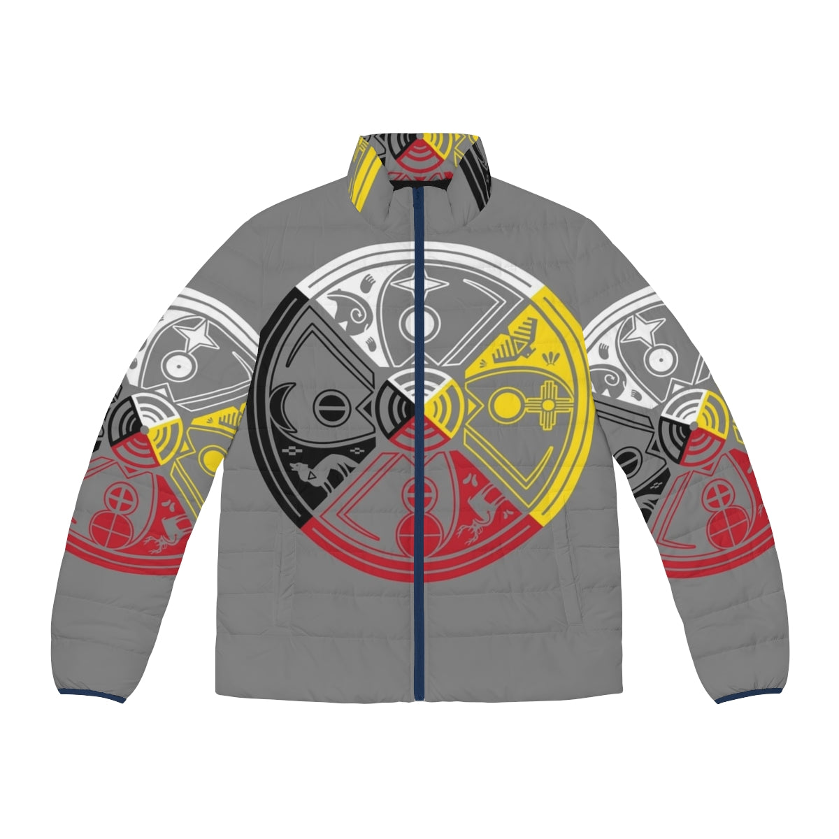 Sacred Hoop Medicine Wheel Puffer Jacket featuring Native American symbols and spiritual imagery